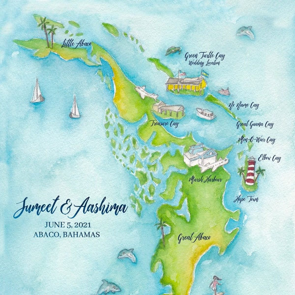 Custom Wedding Map- Save the Date Map- Watercolor Wedding Map- Abaco Islands Wedding Map- Great Abaco Wedding Map- Bahamas Wedding Map