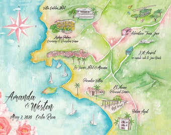 Custom Wedding Map- Costa Rica Wedding Map- Watercolor Wedding Map- Illustrated Wedding Map