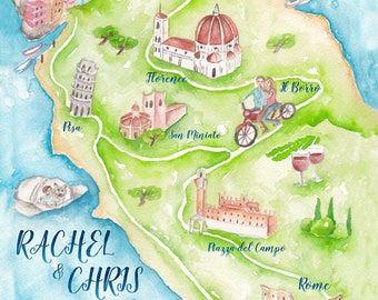 Custom Wedding Map - Tuscany Wedding Map - Watercolor Wedding Map - Italy Wedding Map- Love Map