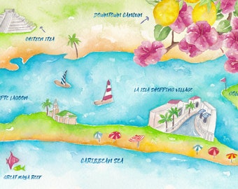 Custom Wedding Map - Cancun Wedding Map - Mexico Wedding Map - Watercolor Wedding Map