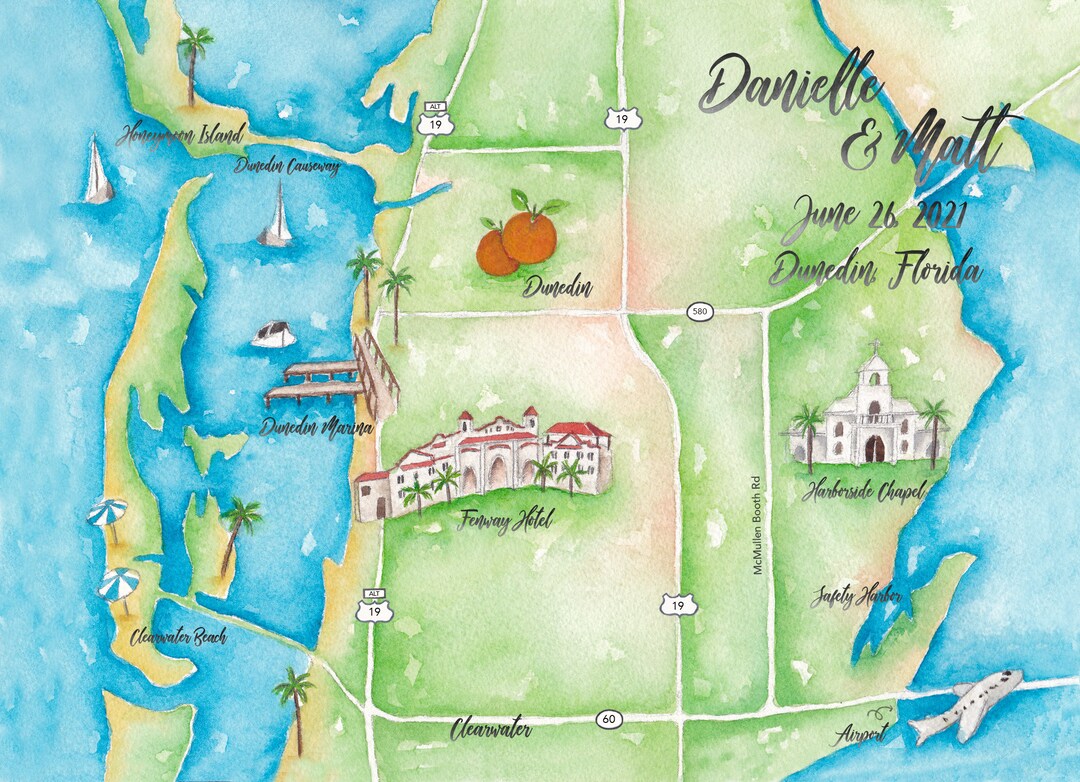 Dunedin Wedding Map Florida Wedding Map Custom Wedding Map Watercolor Wedding Map Etsy
