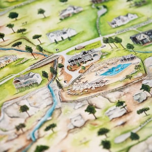 Mapa artístico de propiedades - Mapa de propiedades heredadas en acuarela - Mapa de propiedades heredadas - Mapa de propiedades de ranchos - Mapa de propiedades de granjas familiares