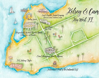 Key West Wedding Map- Florida Keys Wedding Map- Custom Watercolor Map- Illustrated Wedding Map