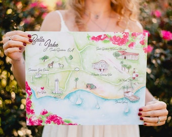 Custom Wedding Map- Santa Barbara Wedding Map-Watercolor Wedding Map- Illustrated Wedding Map