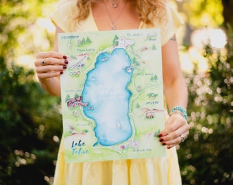 Custom Watercolor Wedding Map- Personalized Watercolor Wedding Map- Illustrated Wedding Maps - Lake Tahoe Wedding Map