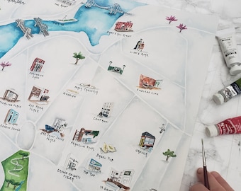 Mapa personalizado de la historia de amor - Mapa de acuarela pintado a mano - Regalo de aniversario