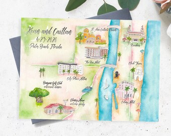 Palm Beach Wedding Map- The Breakers Wedding Map- Custom Wedding Map- Watercolor Wedding Map