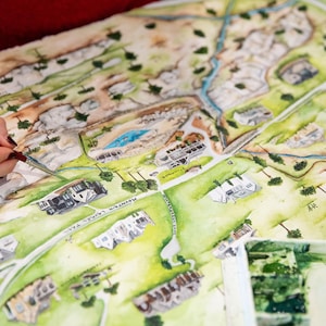 Vermächtnis-Immobilien-Karte- Handgemalte Aquarell Karte des Eigentums- Farm Karte Malerei- Ranch Karte Gemälde- Landkarte Erbstück Karte