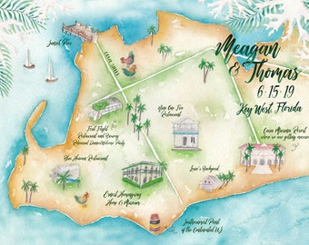 Custom Wedding Map- Key West Wedding Map- Watercolor Wedding map- Illustrated Wedding Map