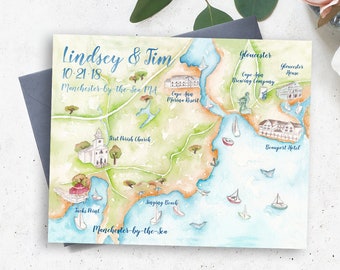 Custom Wedding Maps-Personalized Watercolor Wedding Maps-Illustrated Wedding Maps for Save the Date and Itinerary, Printable Wedding Map