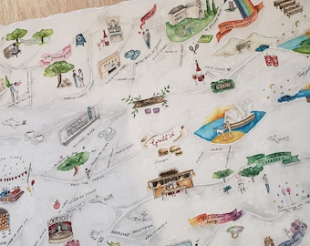 Mapa de la historia de amor - Pintura personalizada de aniversario - Mapa de relaciones pintado a mano en acuarela