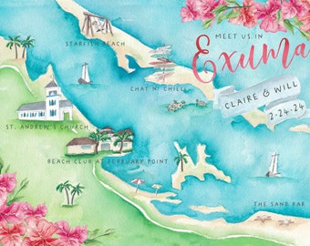 Mapa de bodas de Exuma- Mapa de bodas personalizado- Mapa de bodas de acuarela- Mapa de bodas ilustrado