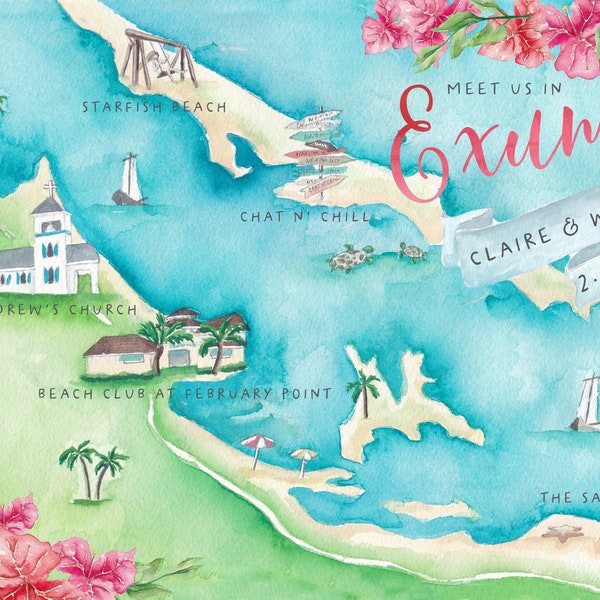 Exuma Wedding Map- Custom Wedding Map- Watercolor Wedding Map- Illustrated Wedding Map