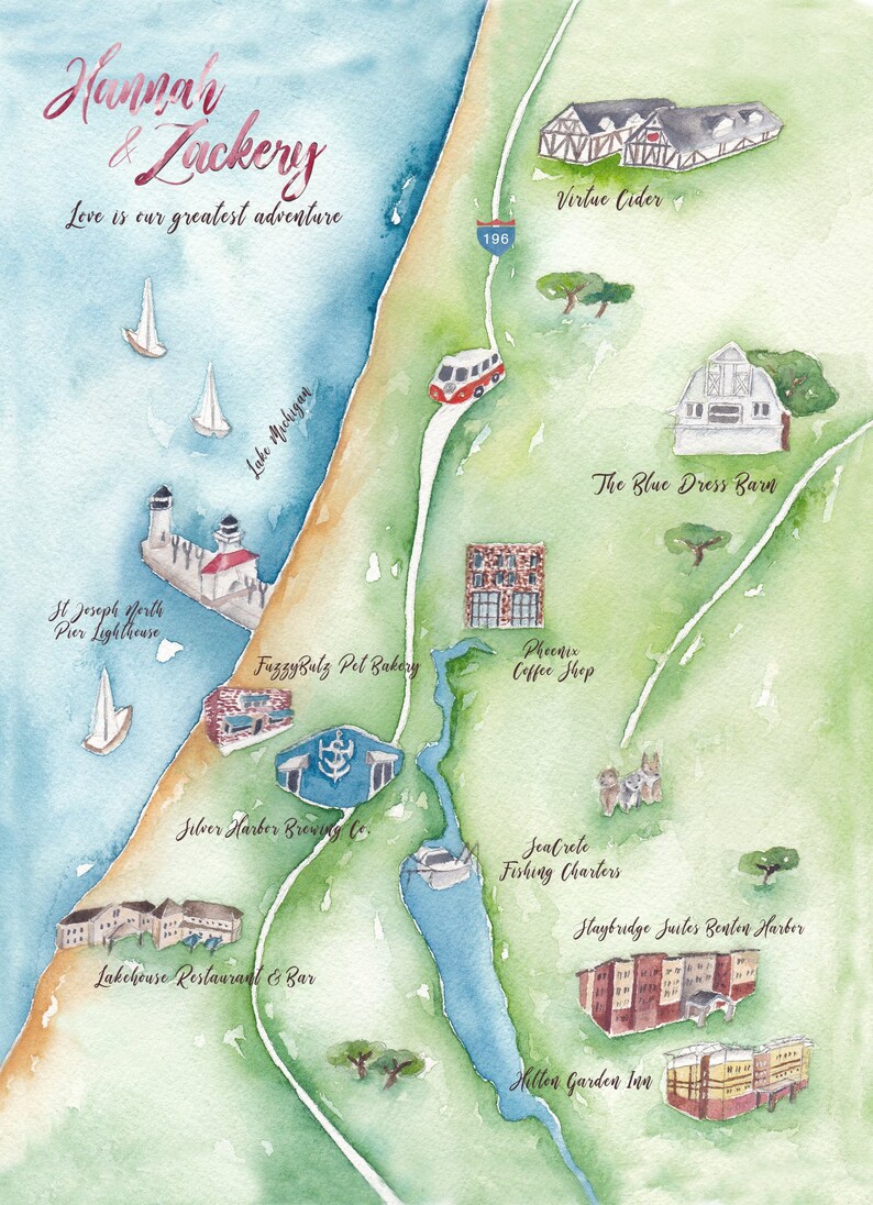 Custom Wedding Map Lake Michigan Wedding Map Benton Harbor Etsy