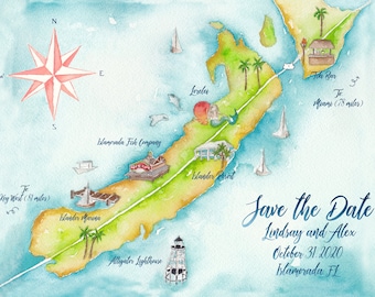 Custom Wedding Map- Islamorada Wedding Map- Key West Wedding Map- Watercolor Wedding Map