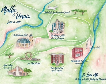 St. Louis Wedding Map- Custom Wedding Map- Watercolor Wedding Map- Illustrated Wedding Map