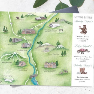 Wedding Map and Itinerary Combo Card- Wedding Welcome Card- Custom Watercolor Wedding Map- Custom Wedding Schedule