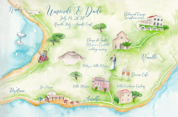 Custom Wedding Map Watercolor Wedding Map Amalfi Coast Etsy