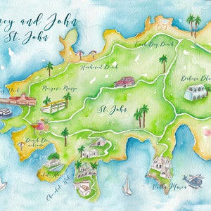 Custom Wedding Map St.John Wedding Map Watercolor Wedding Map Illustrated Wedding Map image 1