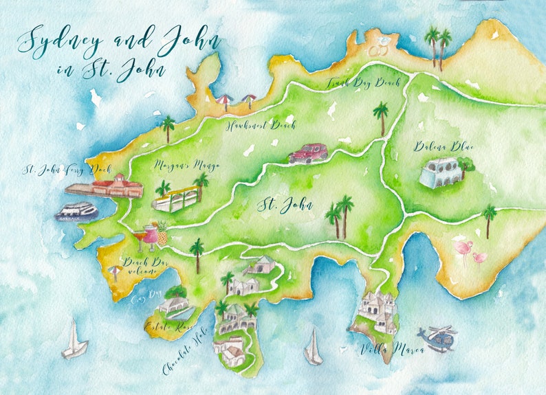 Custom Wedding Map St.John Wedding Map Watercolor Wedding Map Illustrated Wedding Map image 1