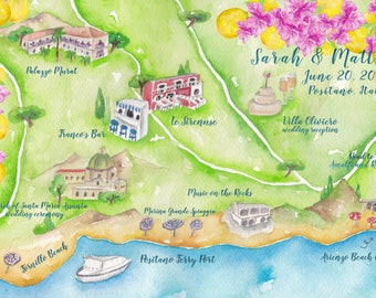 Custom Wedding Map- Positano Wedding Map- Italy Wedding Map- Watercolor Wedding Map