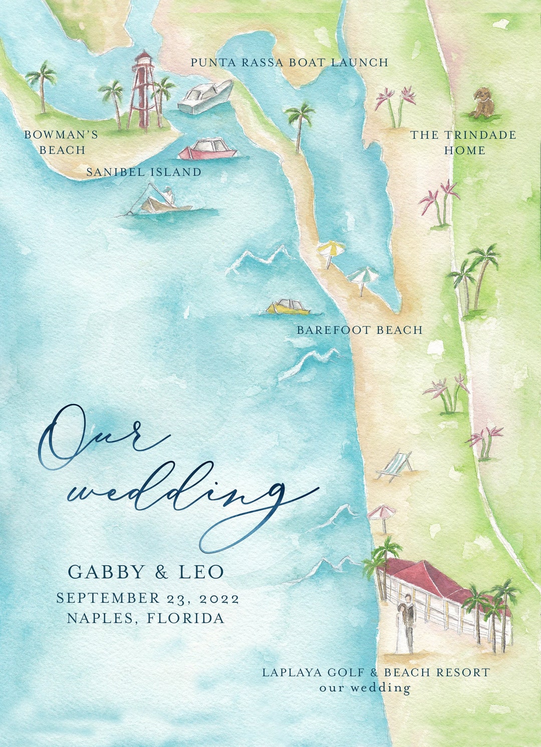 Custom Wedding Map Watercolor Wedding Map Naples Florida - Etsy