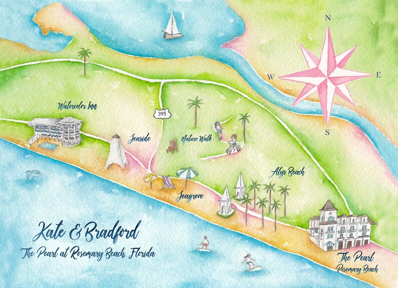 Rosemary Beach Wedding Map Custom Wedding Map Watercolor Etsy