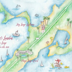 Peut inclure: Carte aquarelle de Key Largo, Floride, avec des points de repère tels que le phare de Key Largo et le Playa Largo Resort. La carte comprend les noms "Brooke & Landon" et la date "5 septembre 2020". L'œuvre est dans les tons de vert, bleu et blanc.