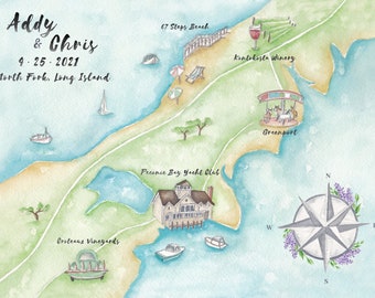 Custom Wedding Map- North Fork Wedding Map- Long Island Wedding Map- Watercolor Wedding Map- Illustrated Wedding Map