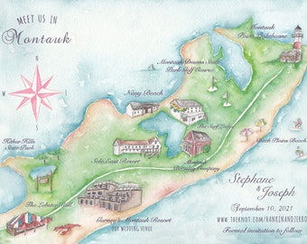 Mapa de boda personalizado- Mapa de boda de Montauk- Mapa de boda de acuarela - Mapa de boda ilustrado