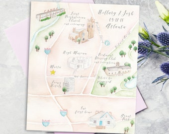 Custom Wedding Maps-Personalized Watercolor Wedding Maps-Illustrated Wedding Maps for Save the Date and Itinerary, Printable Wedding Map