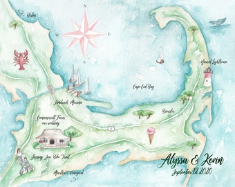 Mapa de boda de Cape Cod - Ilustración personalizada en acuarela - Inserto para bolsas de bienvenida