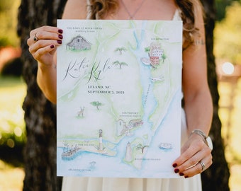 Custom Wedding Map- Watercolor Wedding Map- Illustrated Wedding Map- Wedding Gift- Anniversary Gift