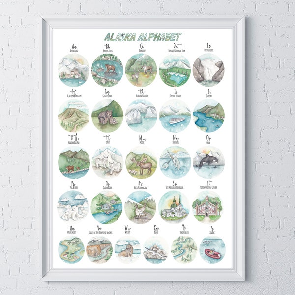Alaska Alphabet Digital Download- 11" X 14" Printable File- Alaska Nursery ABC Printable- Alaska Baby Shower Gift