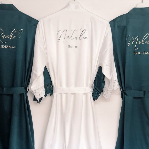 Bridesmaid Robes, Personalised Bridesmaid Bridal Party Gift, Forest Green Satin Wedding Robe