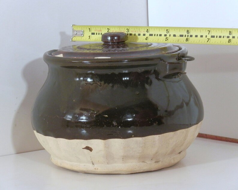 Vintage Bail Handled Stoneware Crock with/Lid image 2