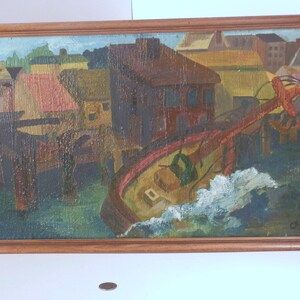 Shoreline painting of a village done in oil on Masonite, signed. image 1