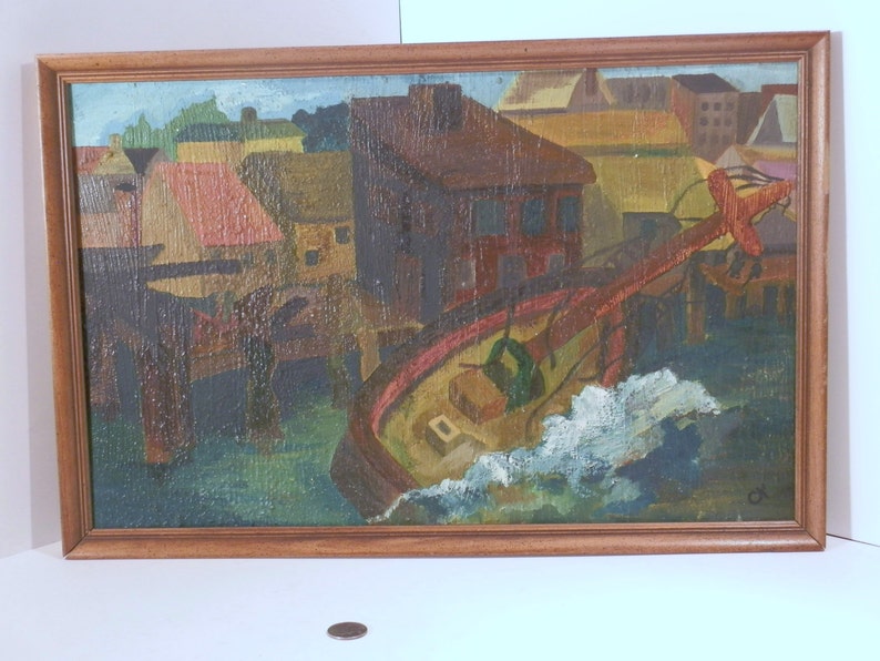 Shoreline painting of a village done in oil on Masonite, signed. image 1