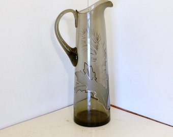 Vintage smoked Bohemia crystal Czechoslovakia pitcher, with cut and frosted Thistle flower decoration.