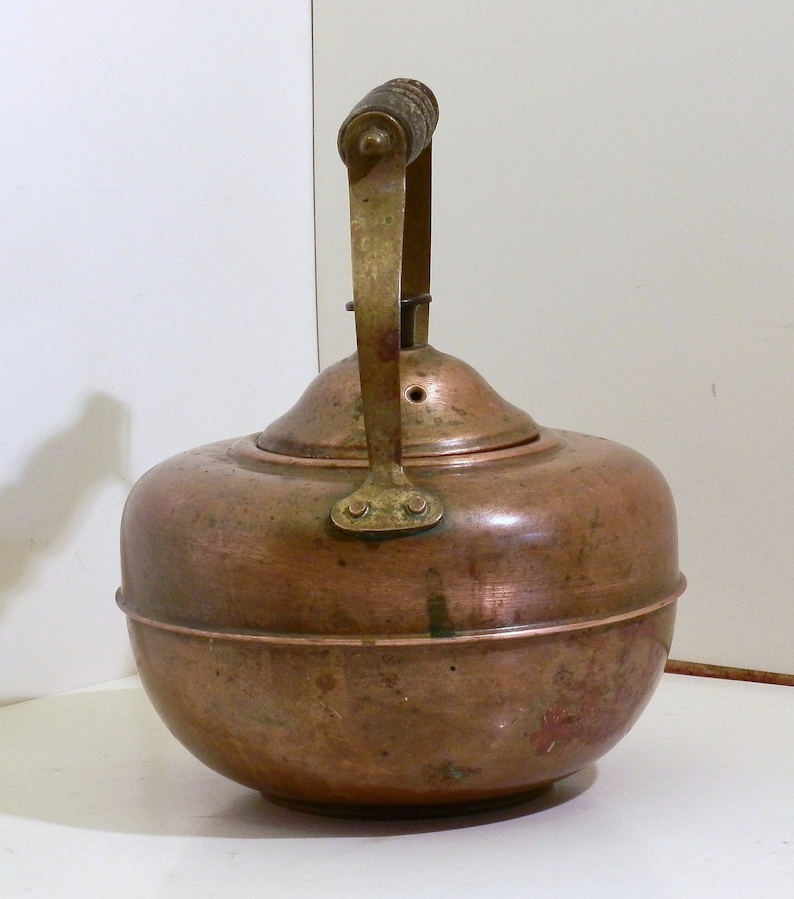 with wood handles. Small Copper and tin Tea Kettle