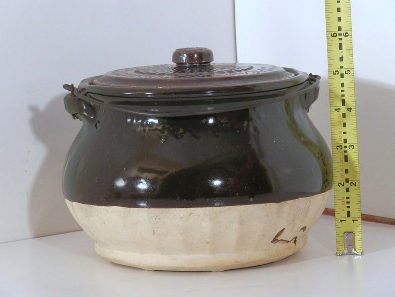 Vintage Bail Handled Stoneware Crock with/Lid image 1