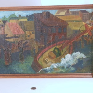 Shoreline painting of a village done in oil on Masonite, signed. image 2