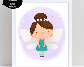 妖精のイラスト、紫の妖精、妖精のポスター、フェアリーアート、女の子の部屋の装飾、印刷する妖精、デジタル妖精、女の子のイラスト、花の妖精