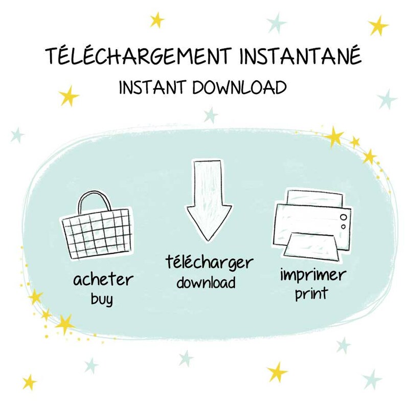 May include: A light blue background with a white cloud shape. The cloud has three icons: a shopping bag, a download arrow, and a printer. The text "T&Eacute;L&Eacute;CHARGEMENT INSTANTAN&Eacute; INSTANT DOWNLOAD" is at the top of the image. The text below the icons reads "acheter buy", "t&eacute;l&eacute;charger download", and "imprimer print".