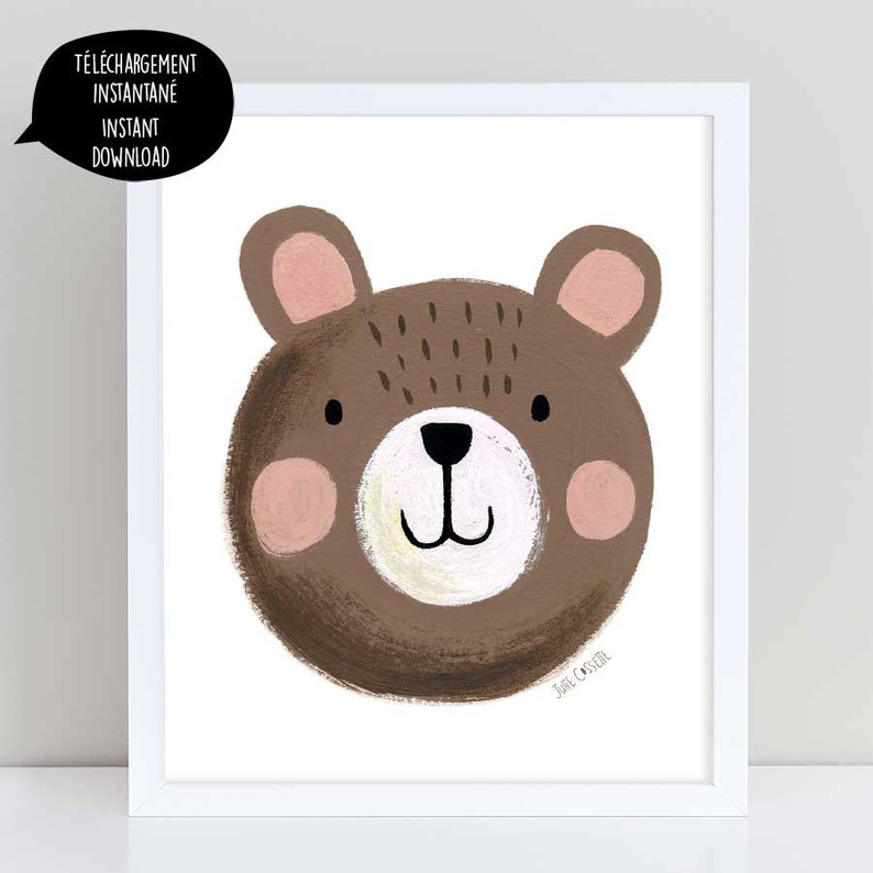 Cute Bear art, brown bear art, brown bear illustration, bear art, bear wall decor, nursery wall art, bear nursery art, woodland decor image 1