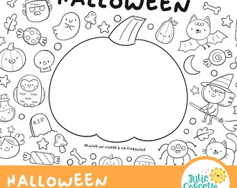 Halloween coloring page, downloadable kids coloring, 11" x 8,5", kawaii doodle, kids activity, printable coloring page for kids
