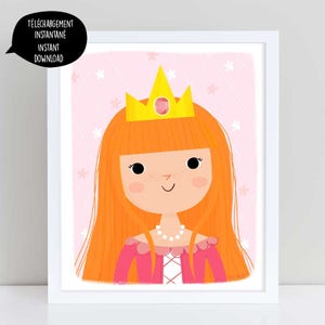Princess, princess illustration, princess poster, pink princess, red hair princess, printable princess, princess wall art, girl wall art