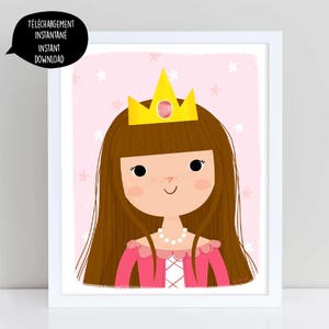 Princess, princess illustration, princess poster, pink princess, brown hair princess, printable princess, princess wall art, girl wall art