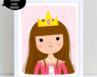 Prinzessin, Prinzessin Illustration zeigt Princess, Princess rosa, Brünette Princess, Kinder Raumdekoration, Prinzessin Dekoration