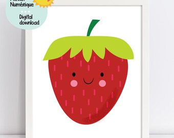Strawberry illustration, fruit wall art, children room decor, nursery wall art, playroom decor, kindergarten decor, classroom wall art